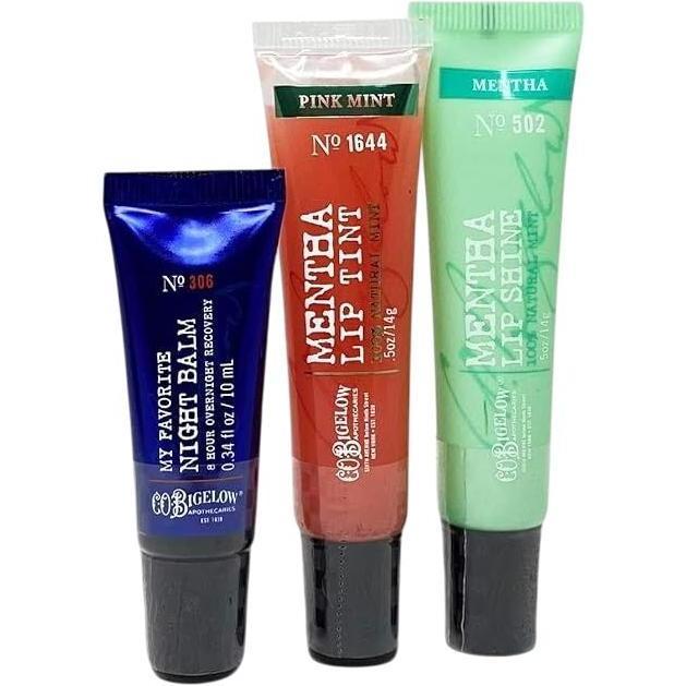 Bath and Body Works-Bath & Body Works C.O. Bigelow Lip Ritual Trio - Mentha Shine, Pink Tint, My Favorite Night Balm Gift Set in Decorative Christmas Box-