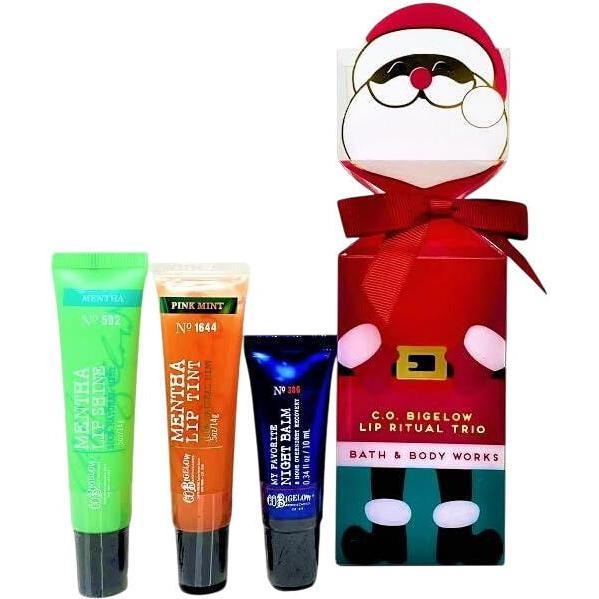 Bath and Body Works-Bath & Body Works C.O. Bigelow Lip Ritual Trio - Mentha Shine, Pink Tint, My Favorite Night Balm Gift Set in Decorative Christmas Box-