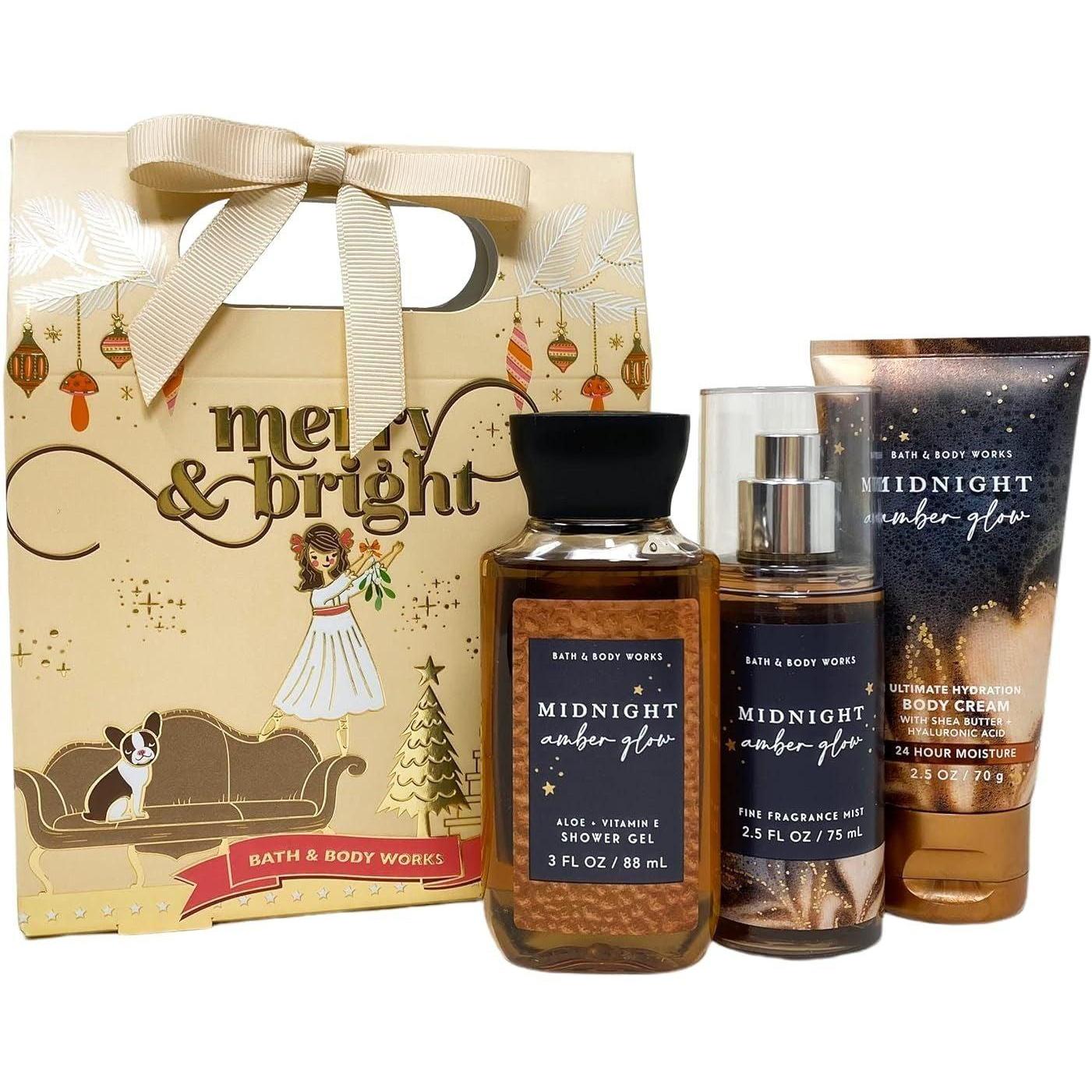 Bath & Body Works-Bath and Body Works Midnight Amber Glow Merry & Bright Mini Gift Set Bag, Body Cream Fragrance Mist and Shower Gel-