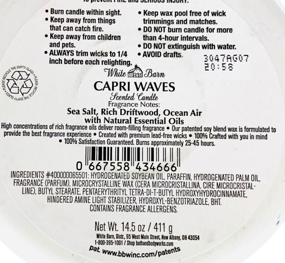 Bath and Body Works Capri Waves (White Barn) Scented 3-Wick Candle (14.5 oz / 411 g)
