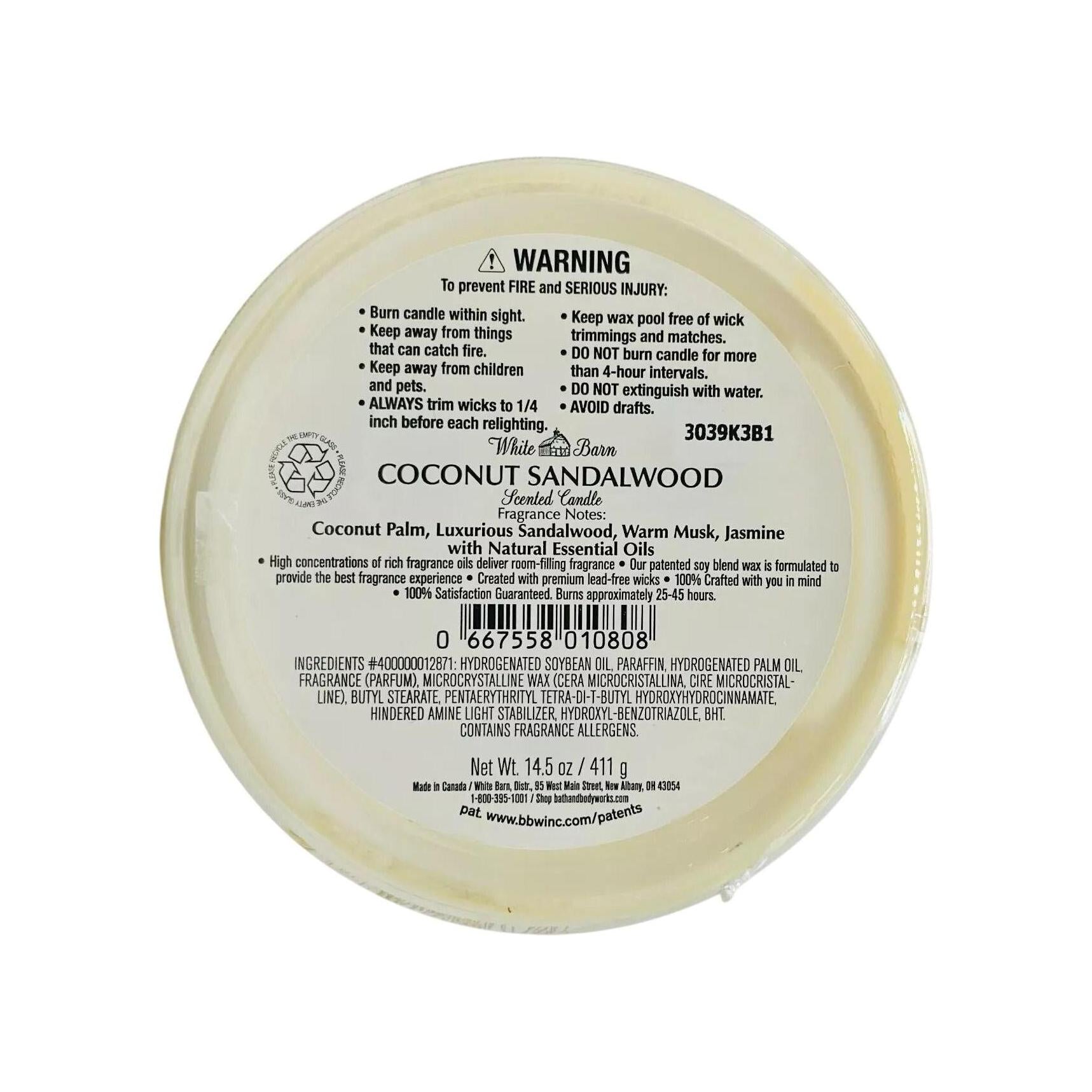 Bath & Body Works White Barn Coconut Sandalwood 3-Wick Candle (White Barn) 