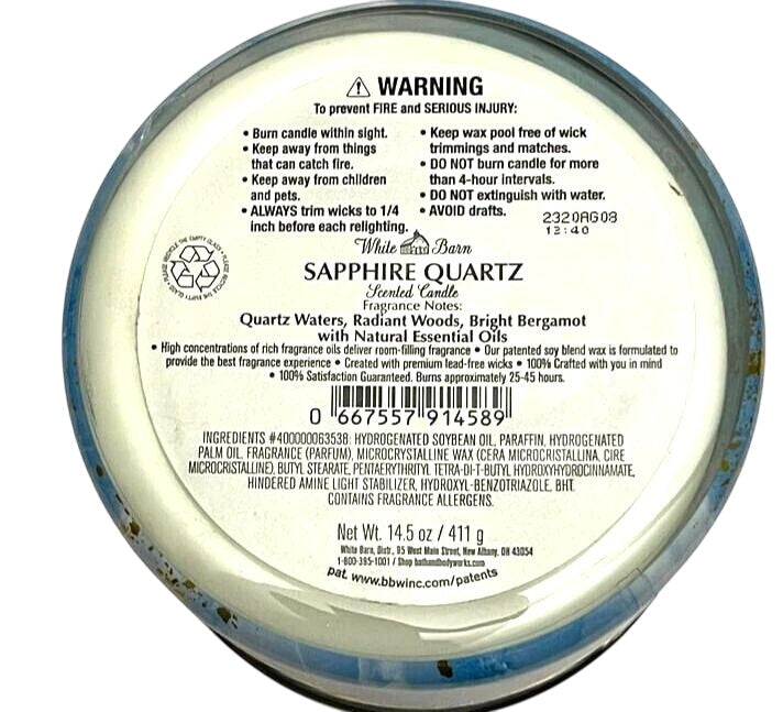 Bath and Body Works Sapphire Quartz (White Barn) Scented 3-Wick Candle (14.5 oz / 411 g)