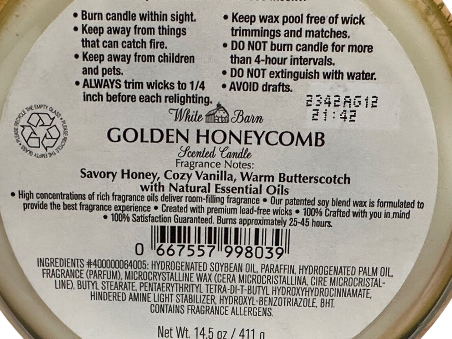 Golden Honeycomb 3-Wick Candle (White Barn)