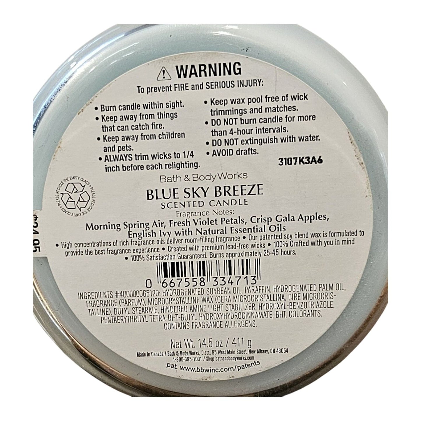 Blue Sky Breeze Scented 3 Wick Candle