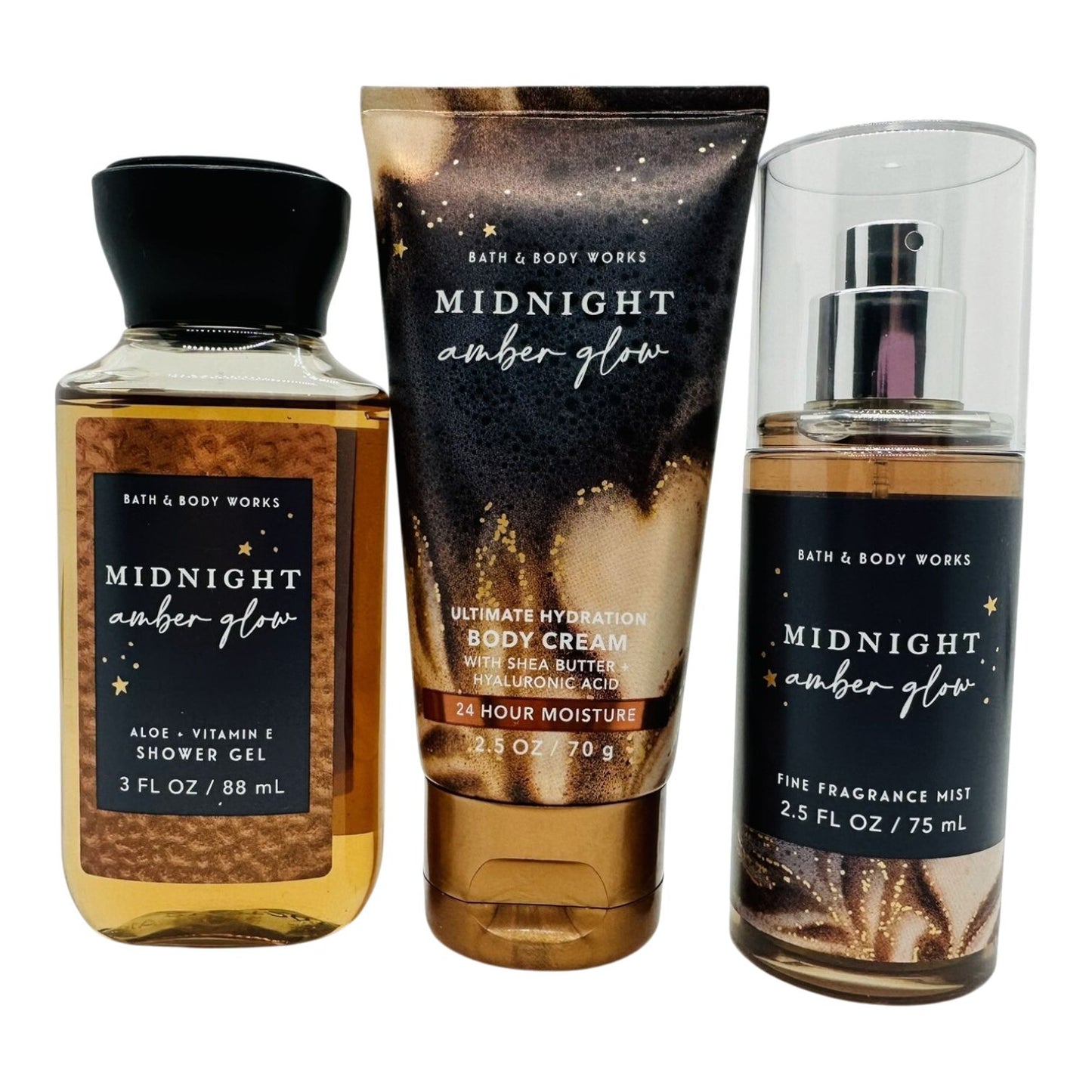 Bath and Body Works Midnight Amber Glow Merry & Bright Mini Gift Set Bag, Body Cream Fragrance Mist and Shower Gel